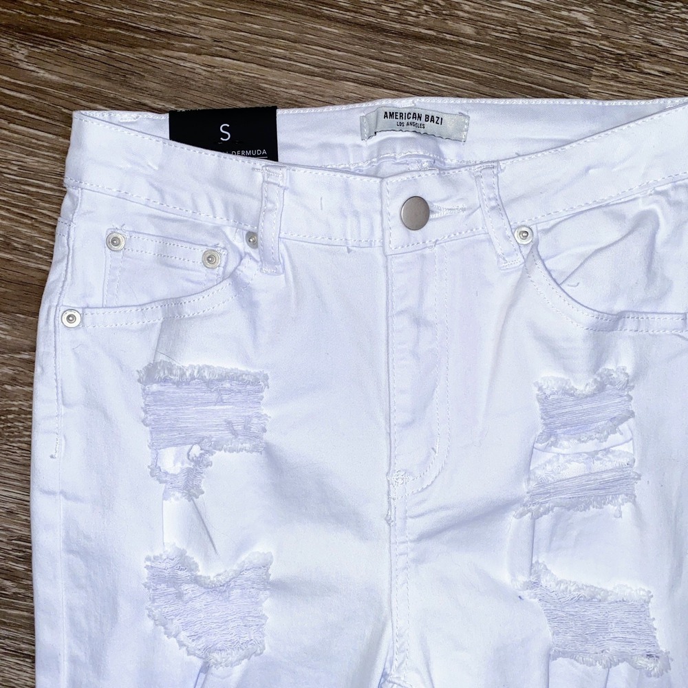 New Fashion Nova Small Asking For Trouble Bermuda Denim Bike Shorts Destructed - Picture 4 of 6